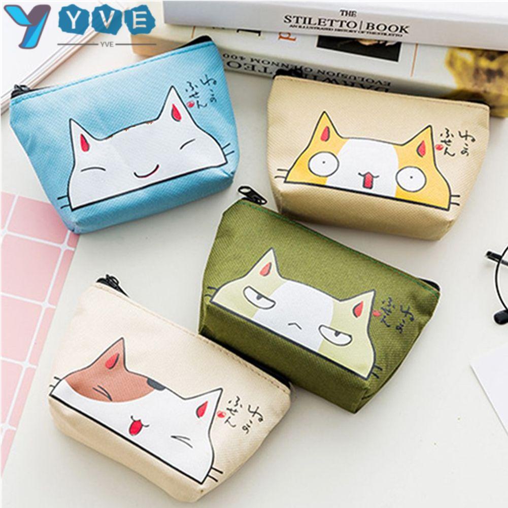 Ví Đựng Tiền Xu Mini Bằng Vải Oxford In Họa Tiết Mèo Dễ Thương Có Khóa Kéo Tiện Dụng