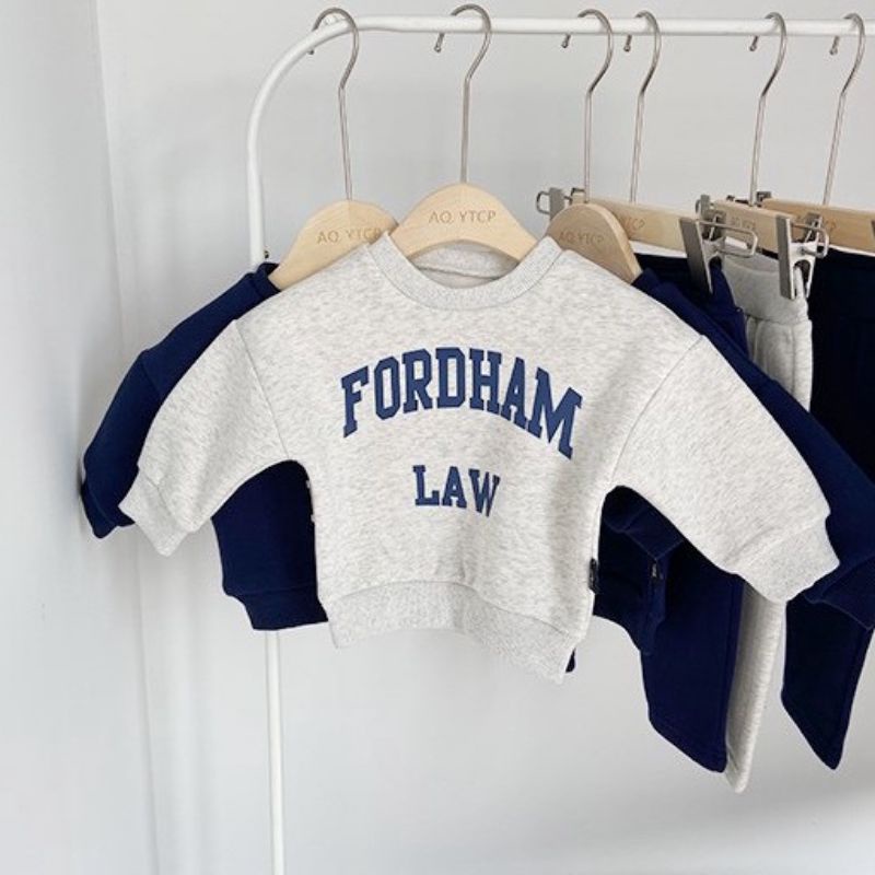 Set bộ bé trai H&M KIDS xuất xịn thun nỉ cotton lót bông cổ tròn tay dài in chữ Fordham xanh dương, xám