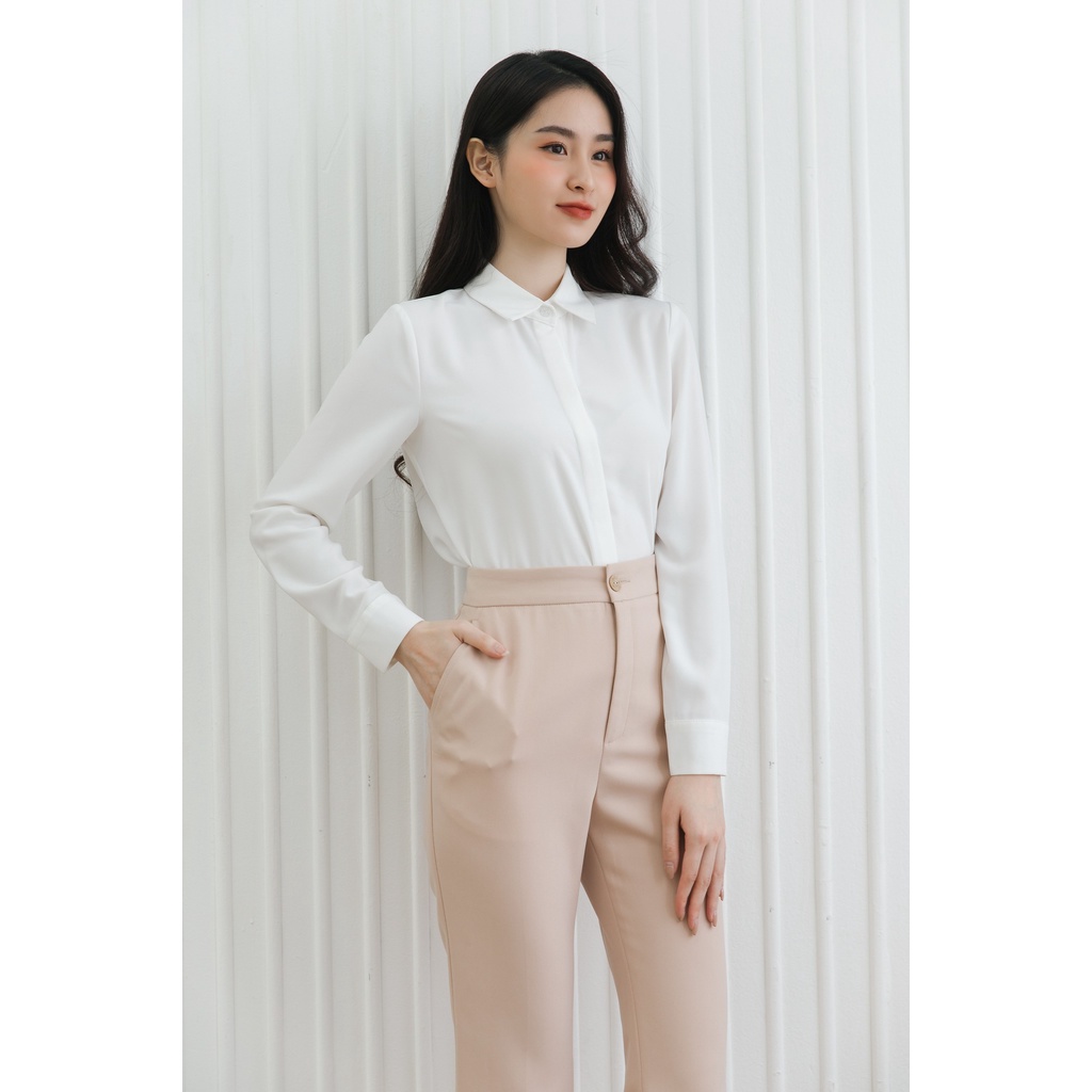Áo sơ mi nữ cổ đức dài tay công sở Tiinstore áo giấu khuy chất cát hàn chống nhăn phong cách Hàn Quốc AHD241