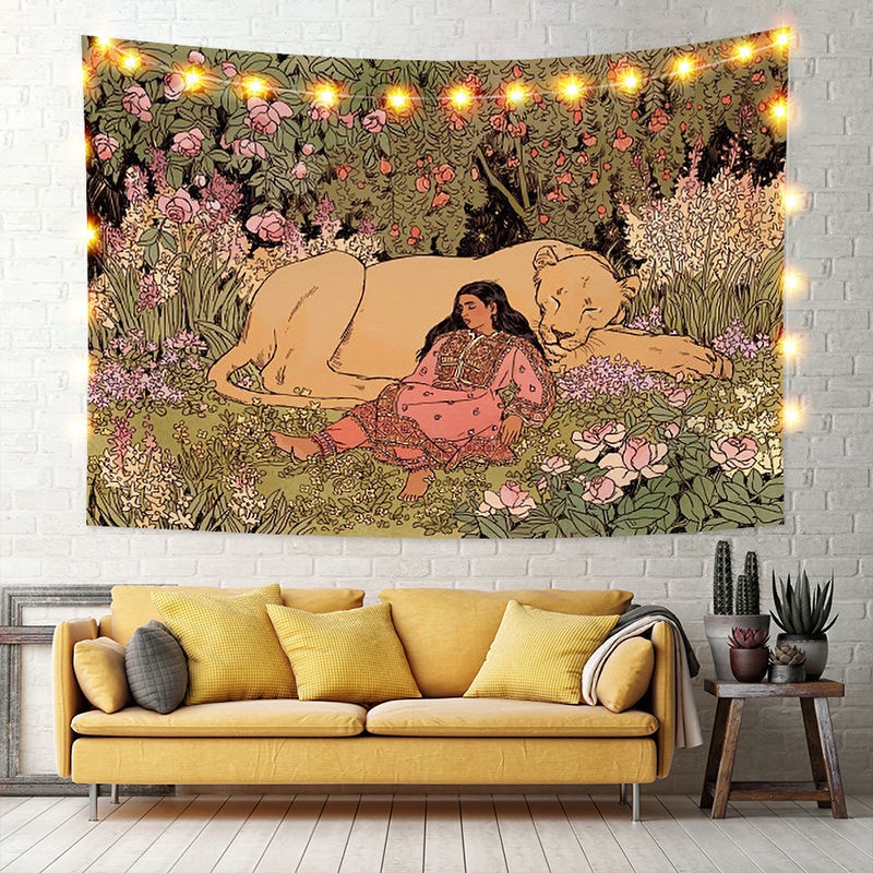 Nordic-Styleins Tiger Girl Fresh Illustration Bedroom Decoration Cloth Tapestry Background Cloth Mural