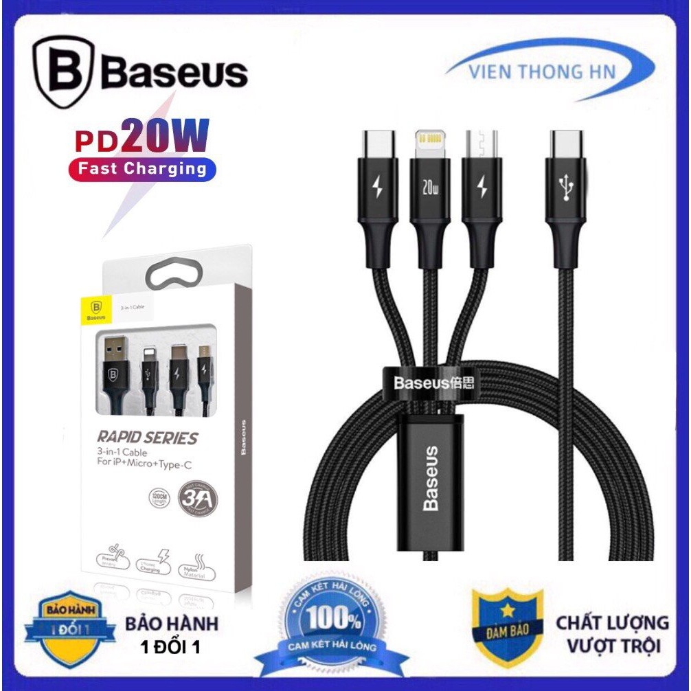 Cáp sạc nhanh 20w 3 đầu sạc baseus - dây sạc 3 in 1 bọc dù chống đứt cho ios samsung oppo,...vv