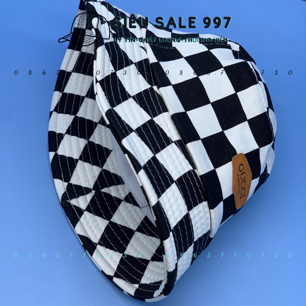 NÓN BUKET CARO TRẮNG ĐEN LOGO DA GC SIÊU ĐẸP FULL TEM MÁC GC THỜI TRANG NAM NỮ