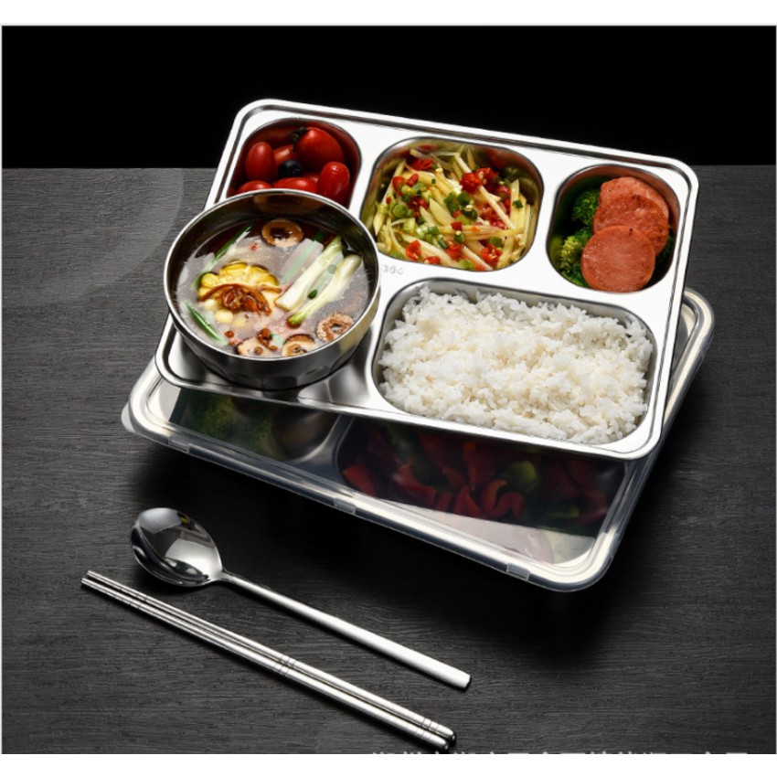 Khay cơm inox 5 ngăn 304 TẶNG KÈM MUỖNG INOX