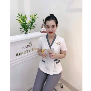 Đồng phục spa Trắng-Xám chất đẹp mát mịn ko xù