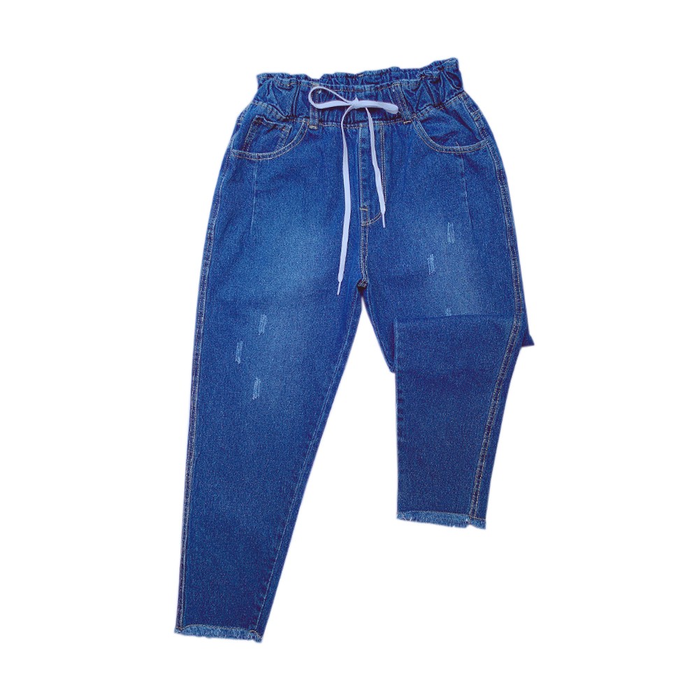 Quần jean baggy quần bò cạp cao lưng thun chất cotton không co dãn màu xanh