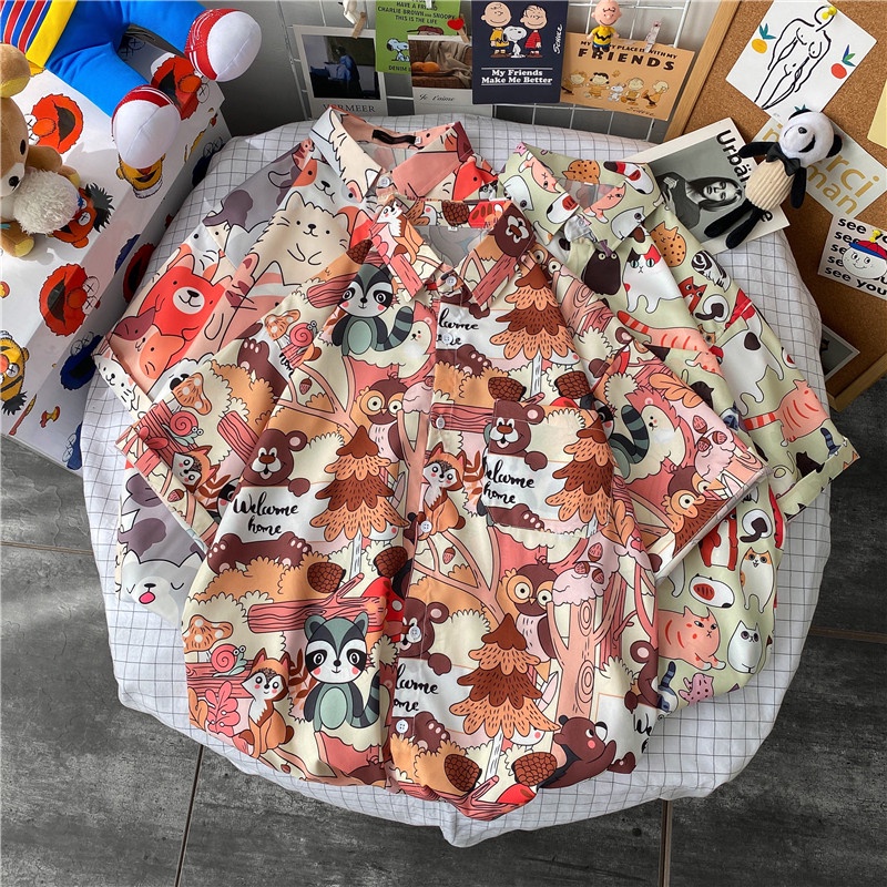 Men's Classic Slim Shirt For Summer 2021. Short Sleeve Cartoon Korean Style Couple Shirt Size M-3XL