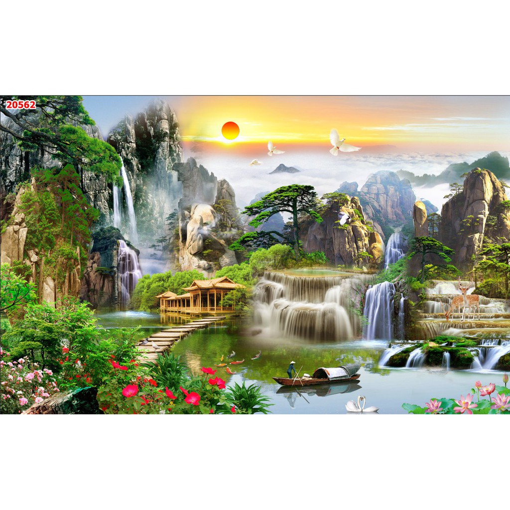 Tranh dán tường 3d sơn thủy hữu tình trang trí nhà cửa phòng khách giá rẻ đẹp chất liệu decal pp keo sẵn bóc dán atk4