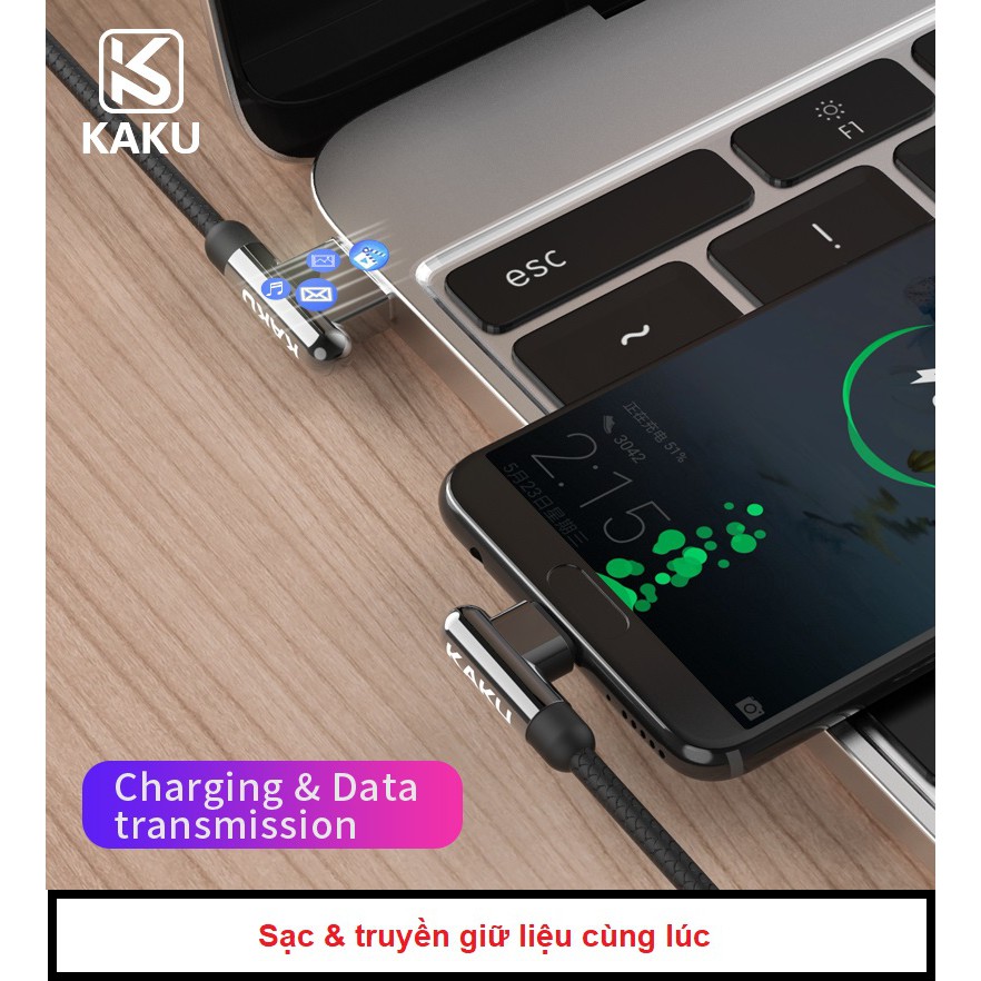 Cáp sạc chơi game iphone lightning KAKU - Sạc nhanh 3.2A - USB 2 cạnh - đầu vuông góc