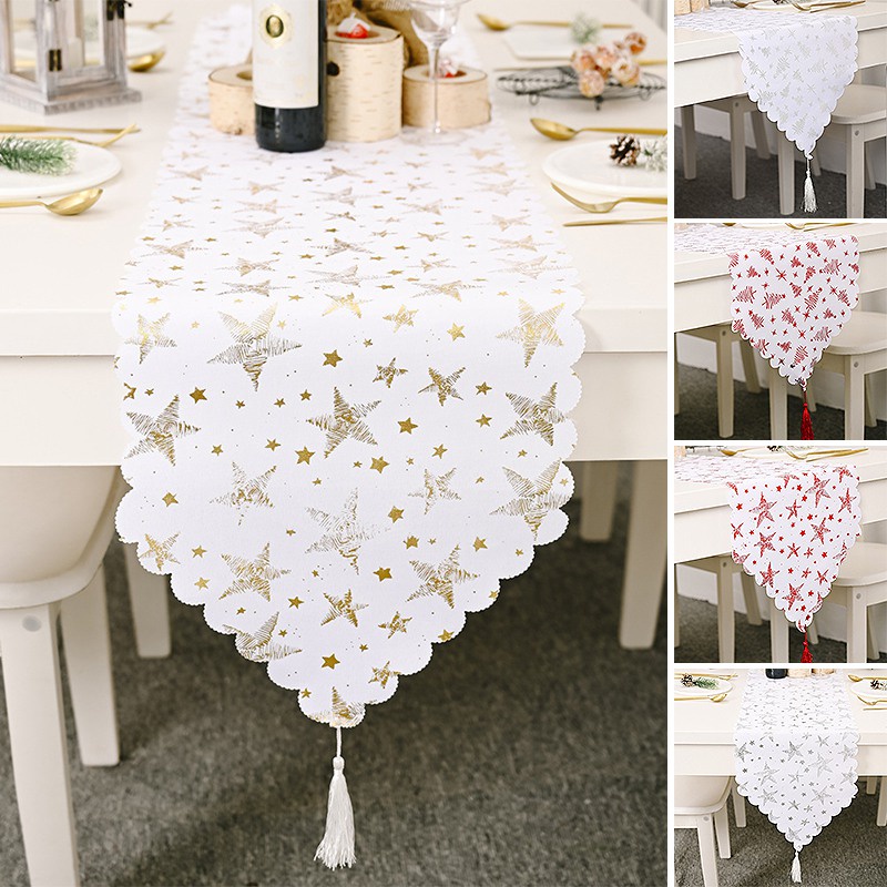Khăn trải bàn chạy dọc giữa bàn in hình cây thông giáng sinh thời trang retro