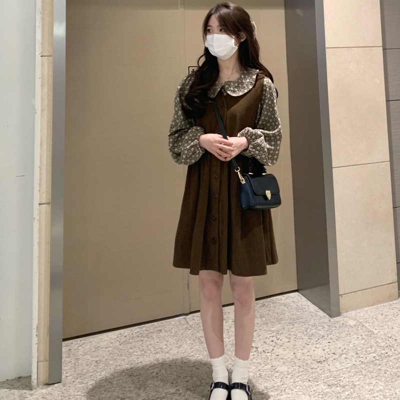 Bộ Áo Sơ Mi Cổ Búp Bê + Đầm Yếm Thiết Kế Mới Xinh Xắn Thời Trang Dành Cho Nữ