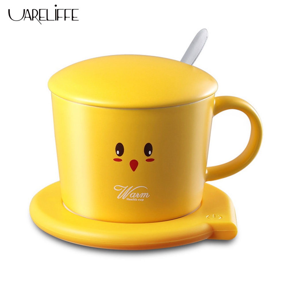 Uareliffe USB Heating Coaster Set With Ceramics Cup Spoon 55 Degree Temperature Coffee Mug Warmer