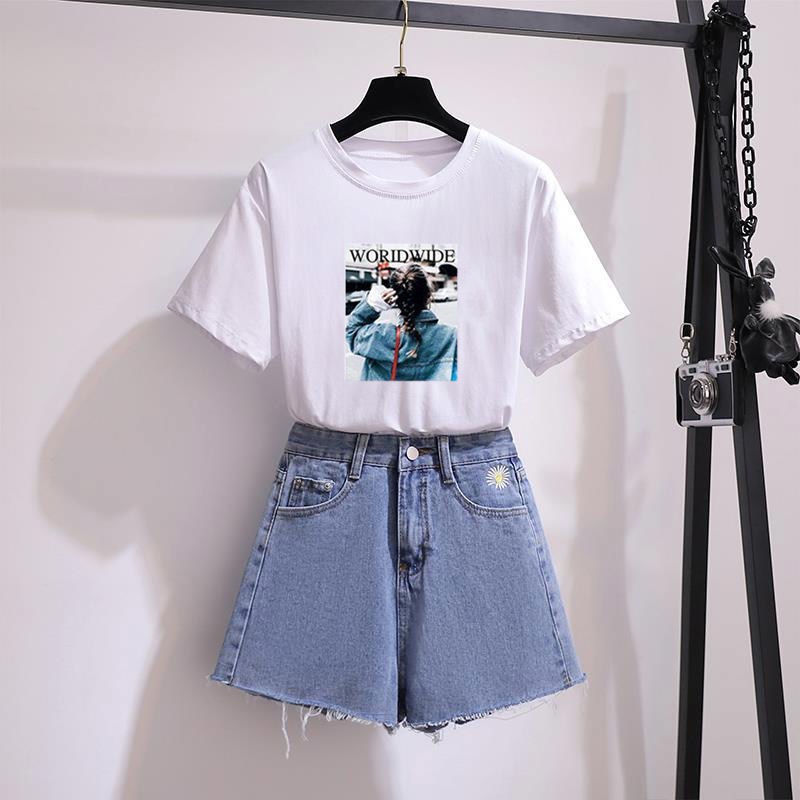 Set Áo Thun Ngắn Tay + Quần Short Jeans Lưng Cao Thời Trang Hàn Cho Nữ | BigBuy360 - bigbuy360.vn