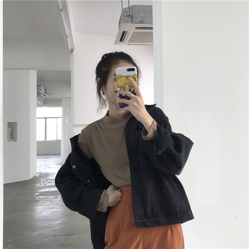 Áo Thun Ôm Tay Dài Cổ Lọ Màu Trơn Thời Trang Đơn Giản Dành Cho Nữ