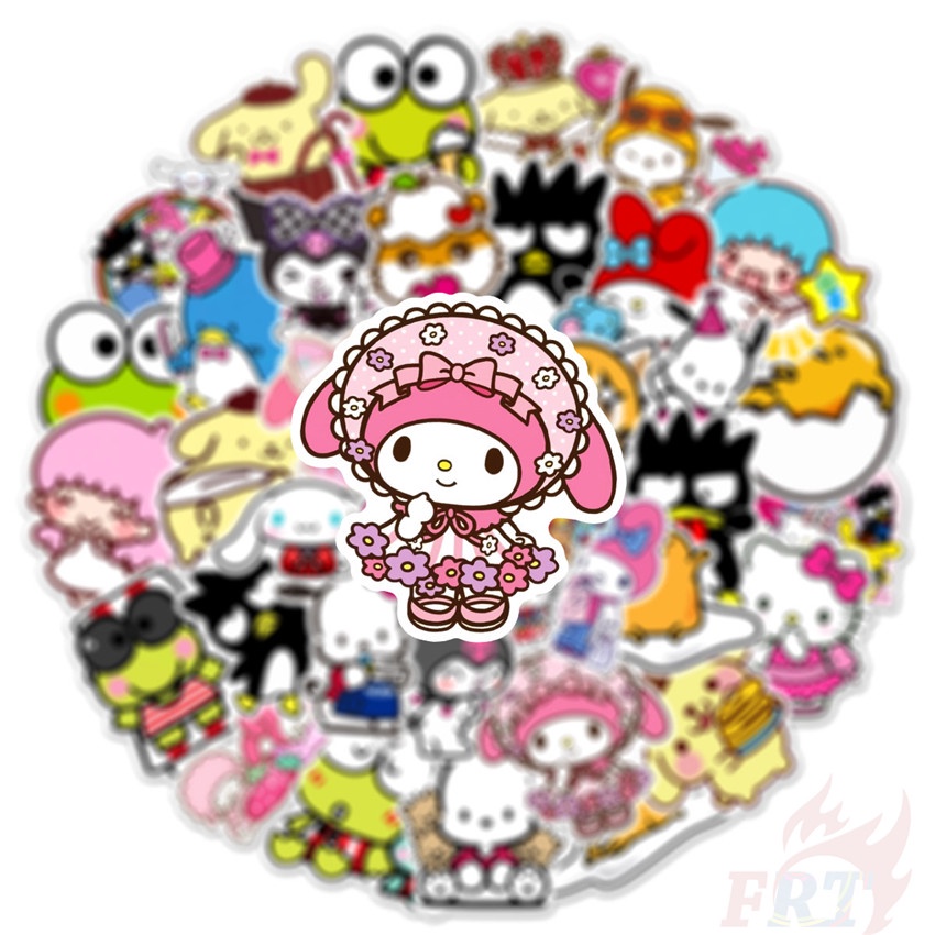Set 100 miếng sticker nhân vật hoạt hình Melody Kuromi Kerokero Keroppi Cinnamoroll Hello Kitty dán trang trí DIY