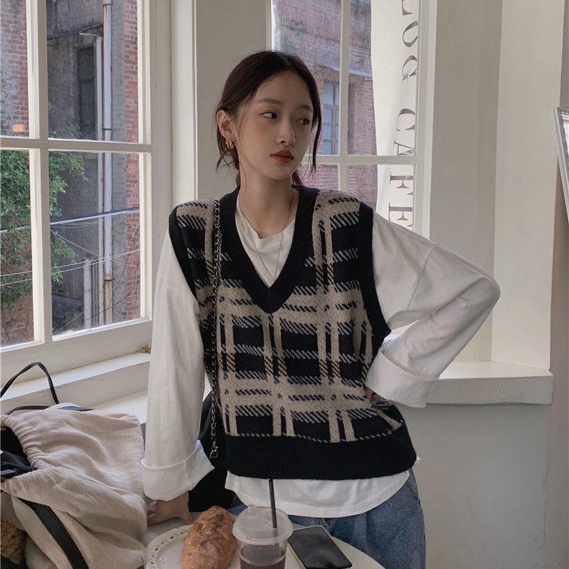 Áo không tay dệt kim dáng rộng cổ chữ V họa tiết kẻ ô thời trang mùa thu dành cho nữ