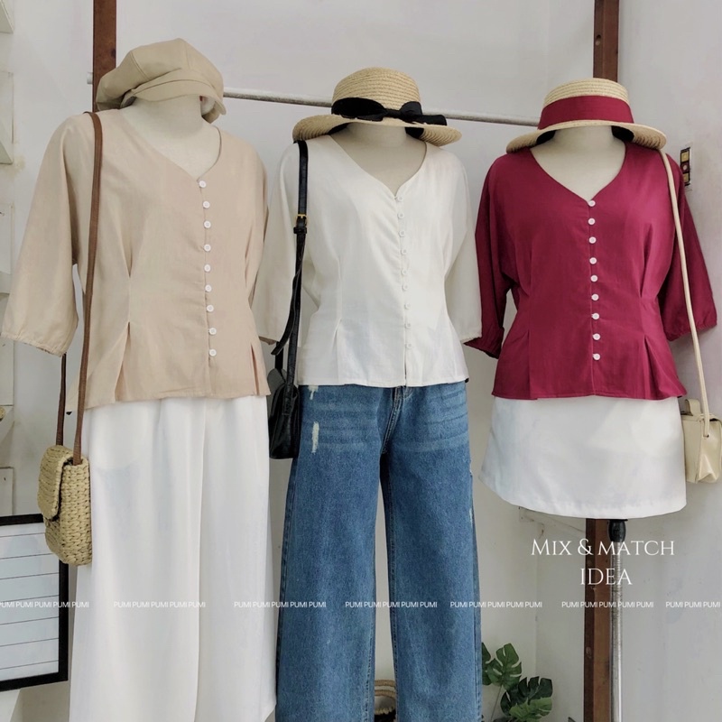 Áo kiểu nữ cổ V hàng nút tay lửng bo chun nhiều màu dễ phối đồ freesize Pumi