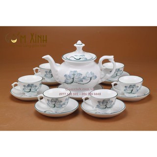 Ấm chén Bát Tràng_Bộ bình trà Phú Quý vẽ hoa sen