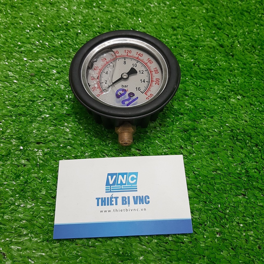 Đồng hồ đo áp suất khí nén có dầu chân ren 11mm, áp 16kg/cm2