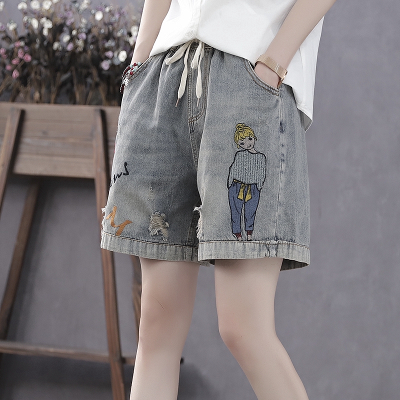 Quần Short denim Lưng Cao Thêu Họa Tiết Hoạt Hình Phong Cách Retro Thời Trang Cho Nữ