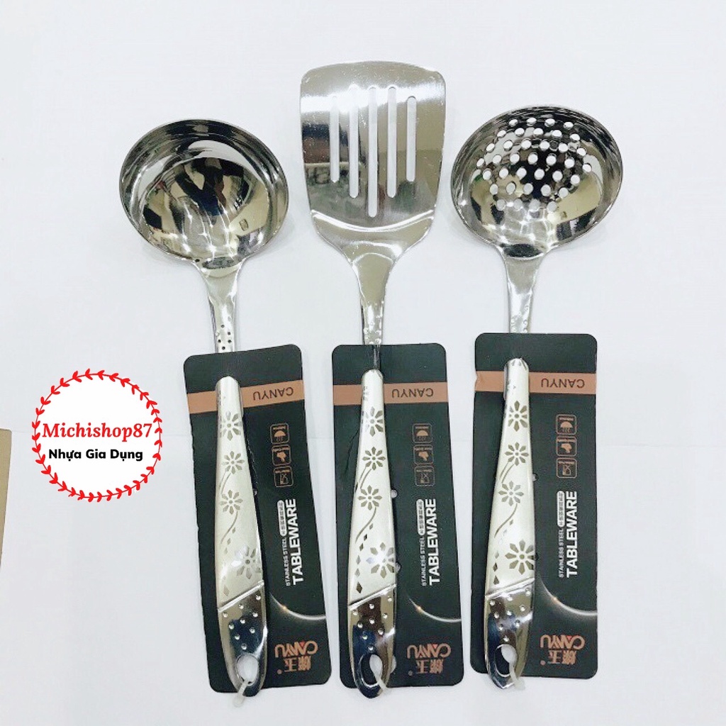 Muôi Múc Canh, Xẻng Xào, Muôi Thủng Ăn Lẩu Inox 304 Cao Cấp Họa Tiết Hoa Loại Đẹp Dầy Dặn