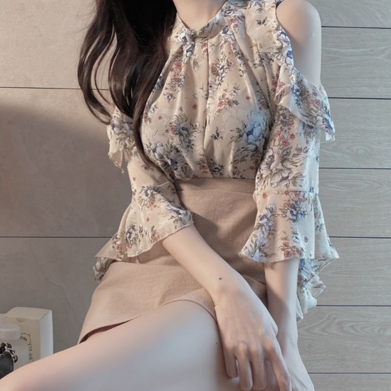 Áo chiffon cổ tròn họa tiết hoa hợp thời trang