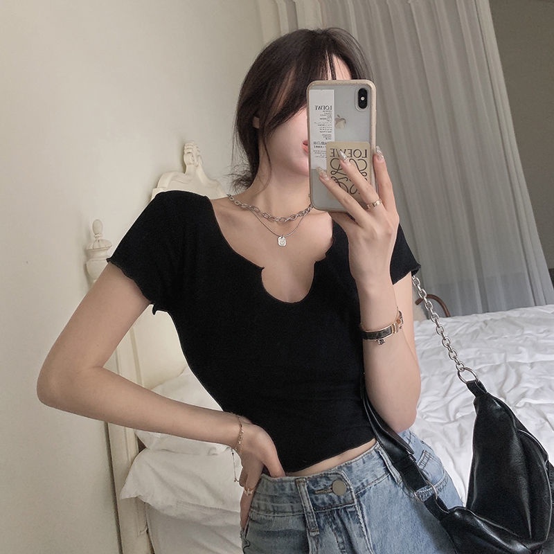 Áo Thun Nữ crop top Cổ Chữ V Tay Ngắn Dáng Ôm Phong Cách Hàn Quốc Thời Trang Cho Áo phông Nữ NZ-TX-07