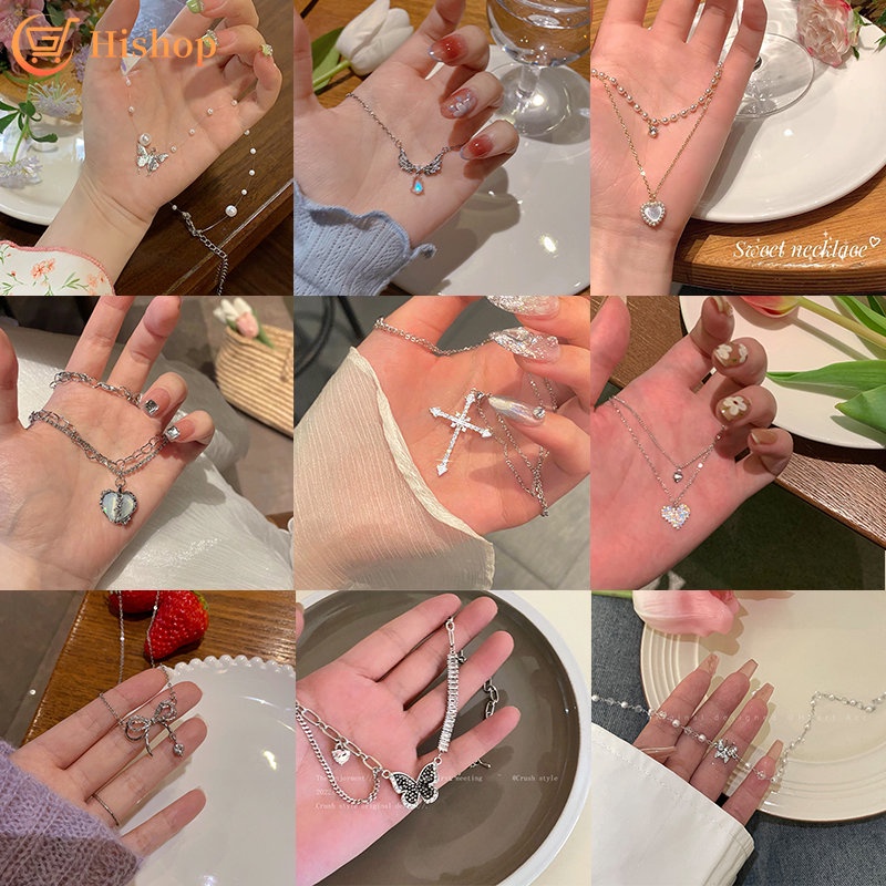 Vòng cổ Nhiều Lớp Đính Hạt Ngọc Trai Mặt Hình Trái Tim Và Bướm Y2k Thời Trang Cho Nữ