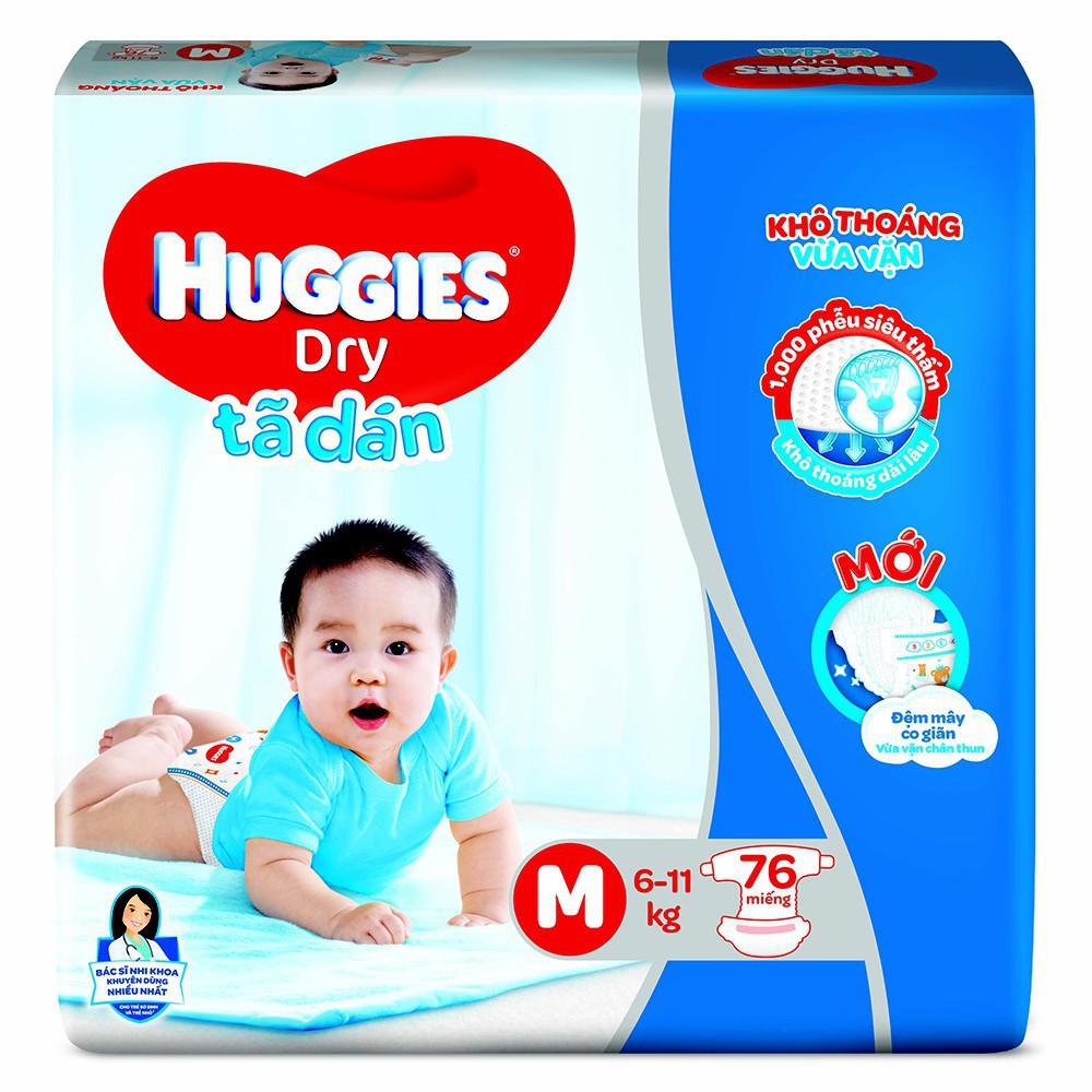 Tã dán HUGGIES DRY M76 Skin Care tràm trà tự nhiên ( từ 6 -11kg)