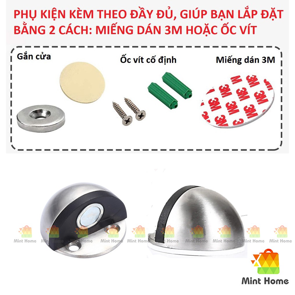 Chặn cửa bán nguyệt inox siêu hít nam châm chống va đập, ồn thông minh cho bé gắn sàn kèm miếng dán tường 3M, đồ ốc vít