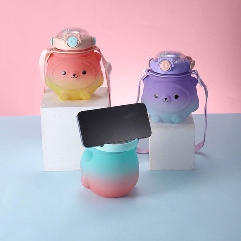 Bình nước con Gấu Hoạt Hình 1000ML Dễ Mang Theo Màu Gradient Có Ống Hút Dành Cho bình nước cho bé