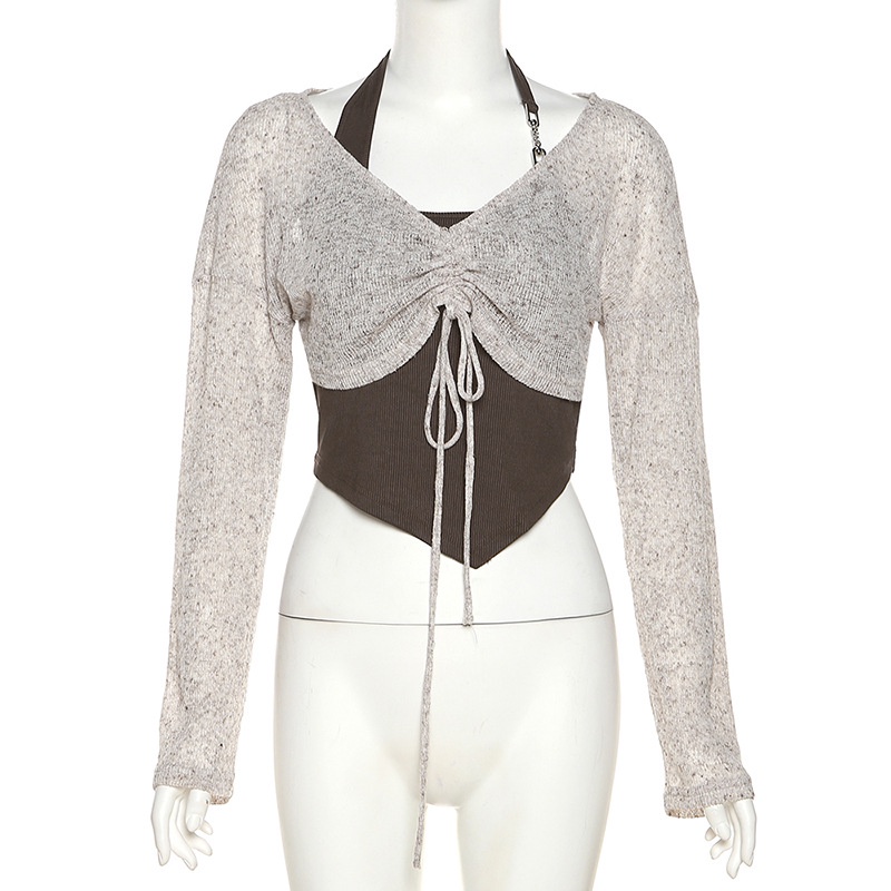 Bộ Áo Tay Dài Cổ Chữ V + Áo Dây Rút Không Đều Thời Trang Dành Cho Nữ L0912