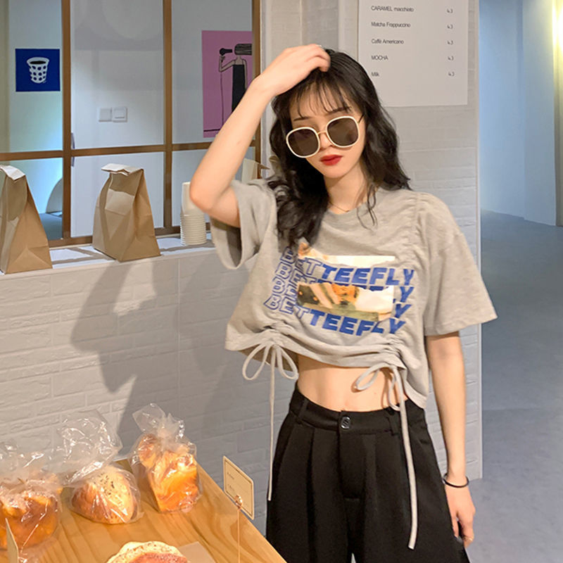 Áo Thun Ngắn Tay Phối Dây Rút Cá Tính Dành Cho Nữ