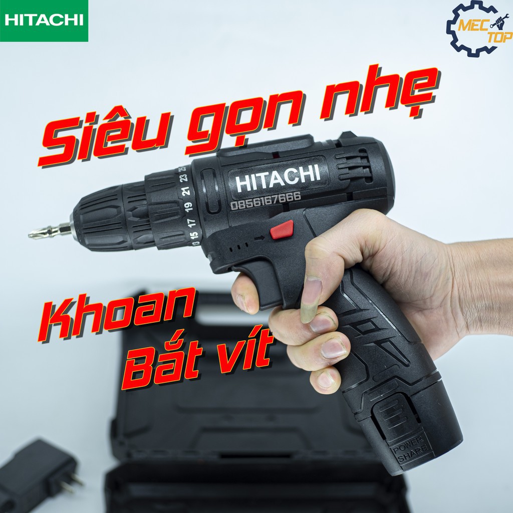 Máy khoan pin HITACHI 12V, Bắn Vít, Vặn vít - Khoan cầm tay 2 cấp tốc độ, 100% đồng, Siêu bền, Có Đèn