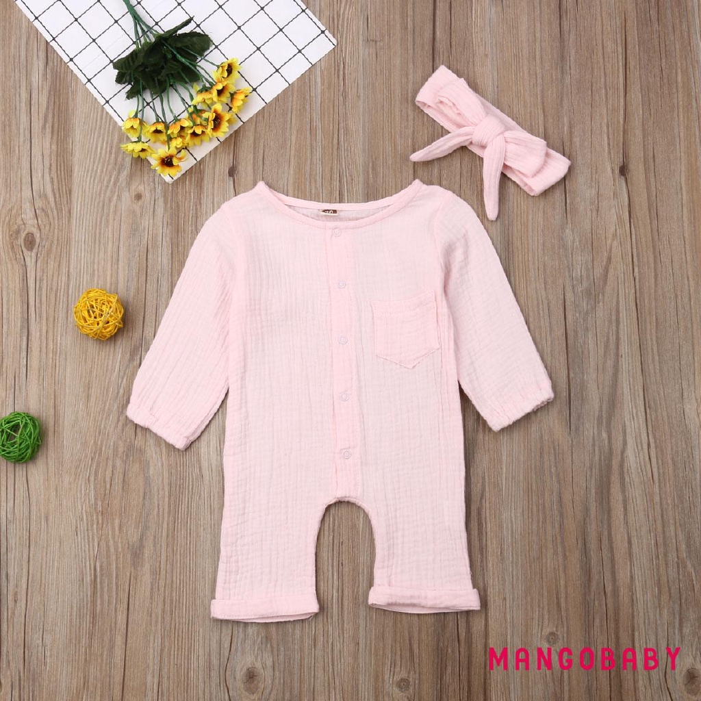 Bộ Áo Liền Quần Cotton Tay Dài Màu Trơn Cho Bé Gái Sơ Sinh