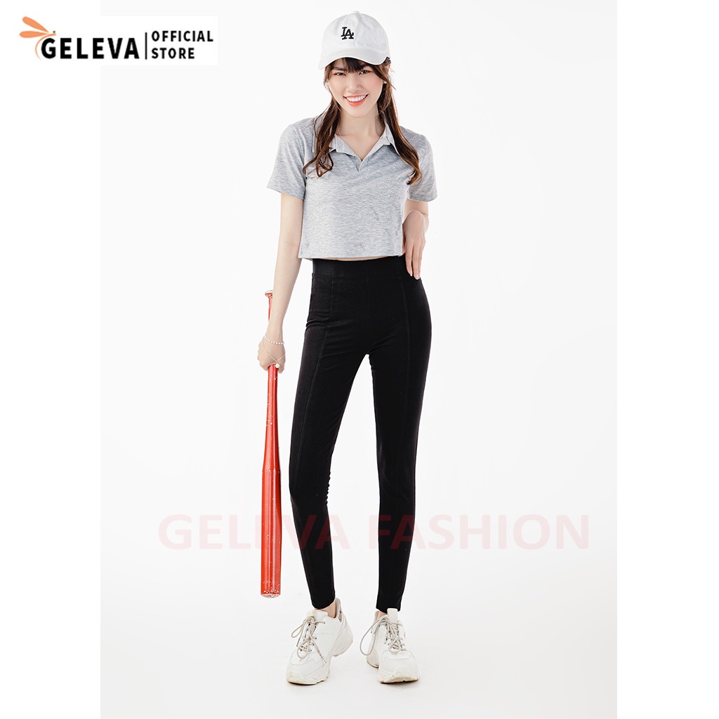 Áo polo croptop nữ tay ngắn có cổ vải cotton co dãn màu ghi Geleva GE918