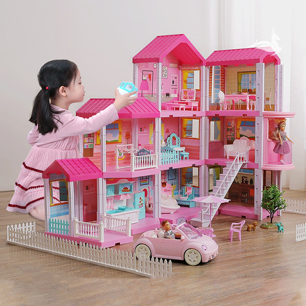 Mô hình nhà búp bê cỡ lớn cho bé - Tặng kèm Barbie. Biệt Thự 3 tầng