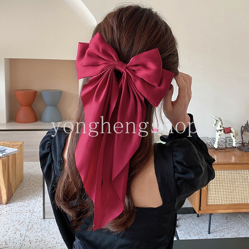 Kẹp Tóc Nơ Dài Màu Trơn Bằng Satin Xinh Xắn Dành Cho Nữ