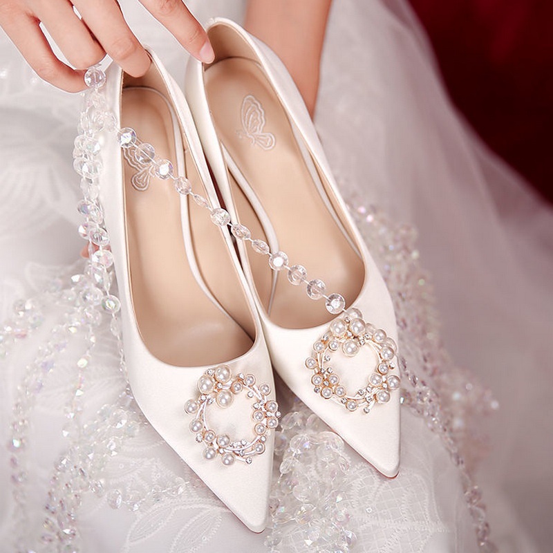 Giày Búp Bê Mũi Nhọn Đính Đá Ngọc Trai Giả Màu Trắng Size 33-44 Thời Trang Cho Cô Dâu