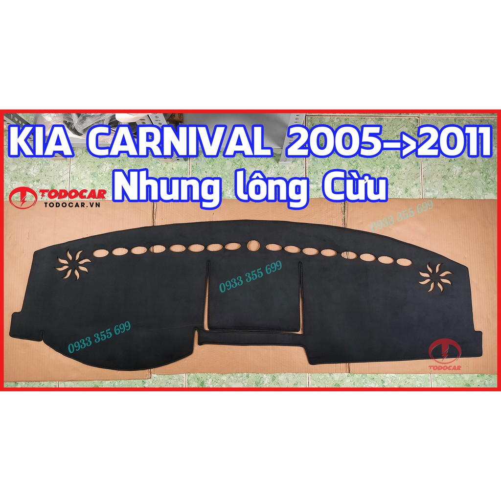 Thảm Taplo KIA CARNIVAL bằng Nhung lông Cừu, Da vân Carbon, Da vân Gỗ 2005 2006 2007 2008 2009 2010 2011 2021 2022