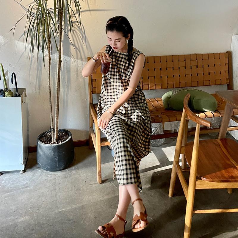 Đầm Dây Rút Xẻ Tà Không Tay Họa Tiết Sọc Caro Phong Cách Hàn Quốc Thời Trang