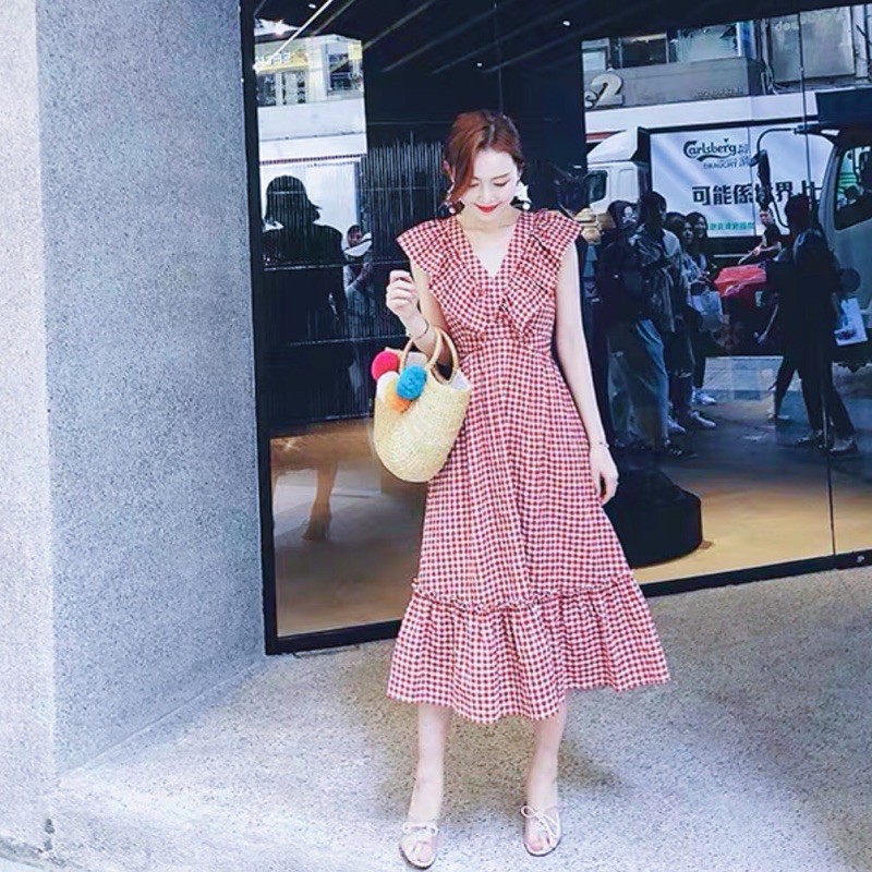 Đầm váy maxi caro đỏ phối bèo (kèm hình thật) | BigBuy360 - bigbuy360.vn
