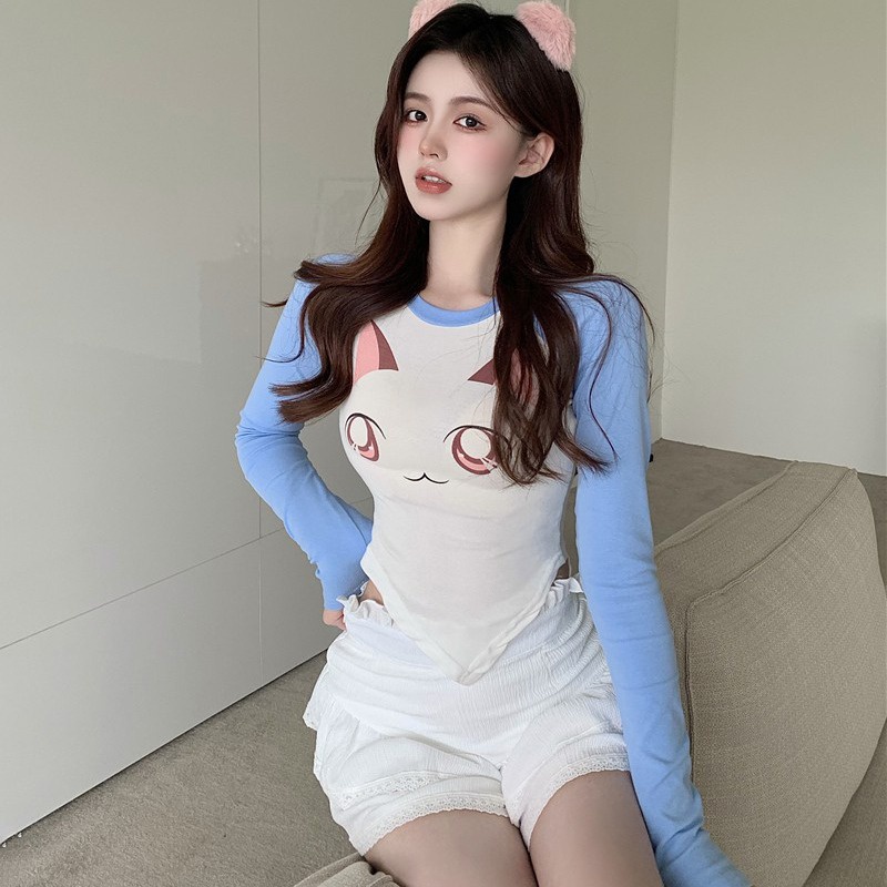 Áo Thun Croptop Tay Dài Cổ Tròn In Họa Tiết Màu Tương Phản Phong Cách Hàn Quốc Cho Nữ