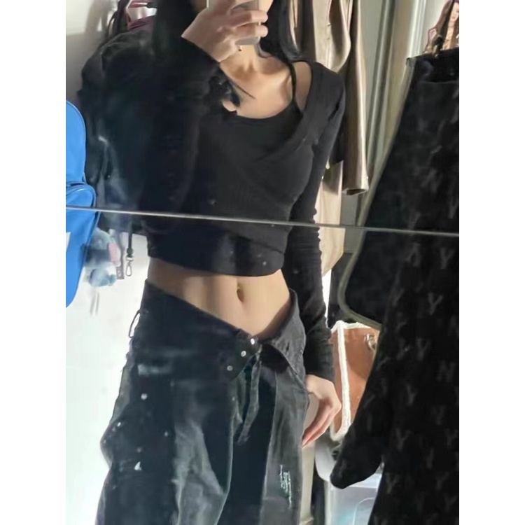 Quần Jean Nữ Ống Rộng Lưng Cao Màu Đen Phong Cách Retro Mỹ