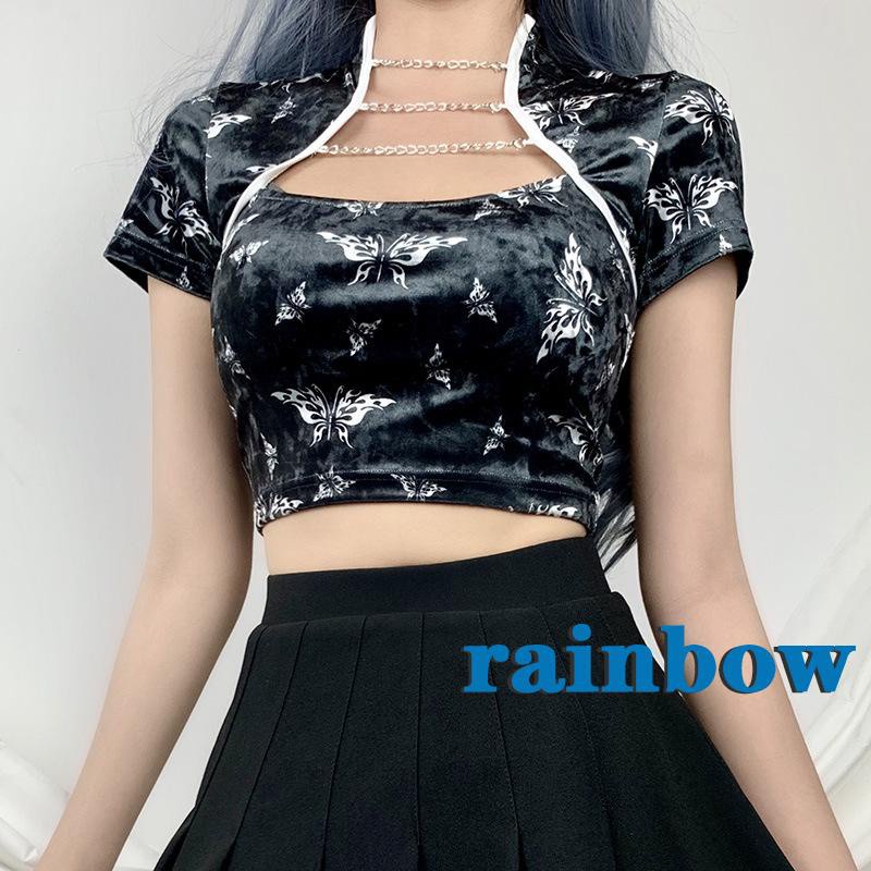Áo Croptop Tay Ngắn Cổ Xẻ Sâu In Hình Bướm Màu Cầu Vồng Thời Trang Mùa Hè Quyến Rũ Cho Nữ | BigBuy360 - bigbuy360.vn