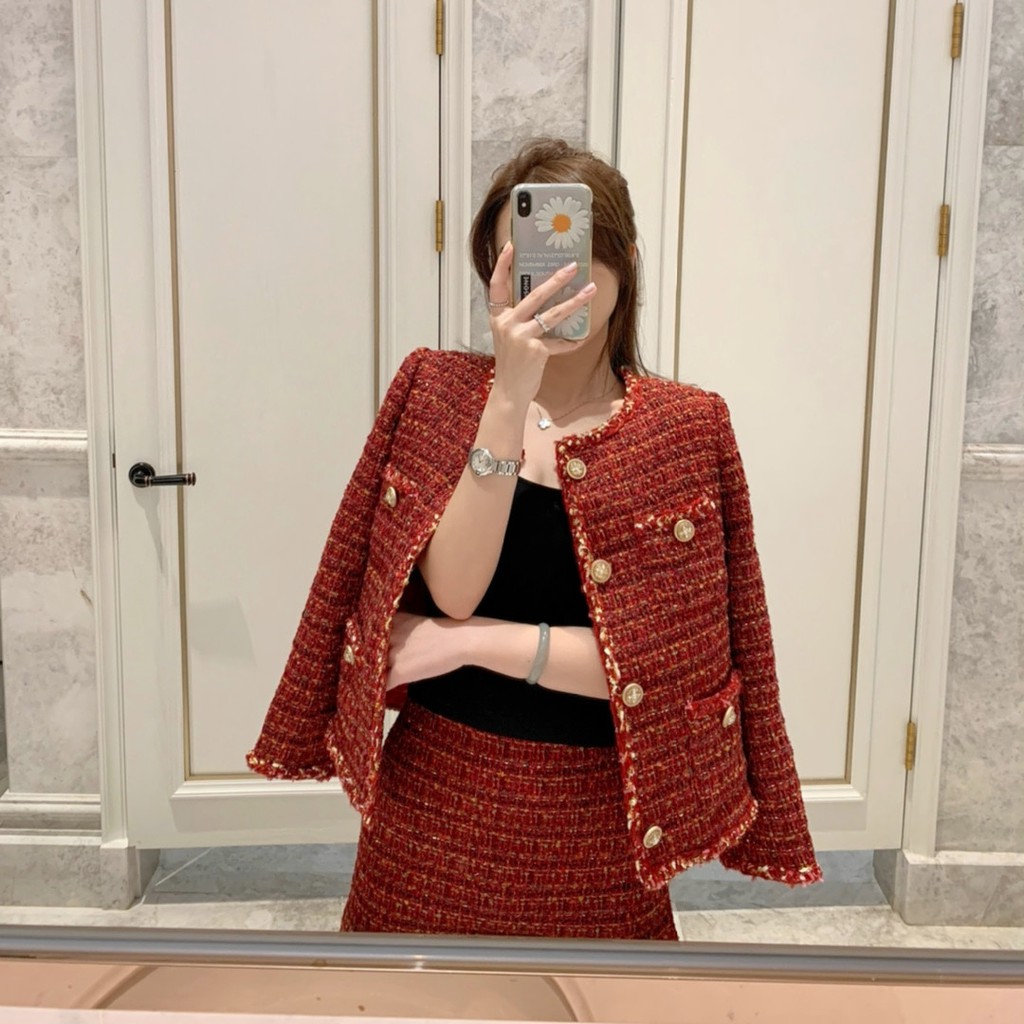 Sét áo váy dạ tweed đỏ retro cổ điển tiểu thư sang chảnh Ulzzang Hàn Quốc A108