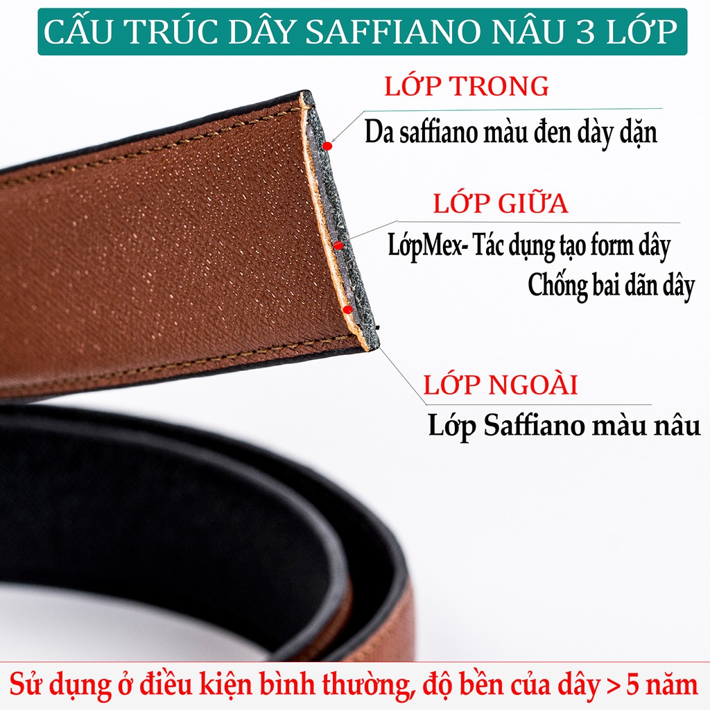 Thắt lưng da nam L107 da Saffiano 3 lớp màu nâu-khóa tự động nhiều mặt lựa chọn