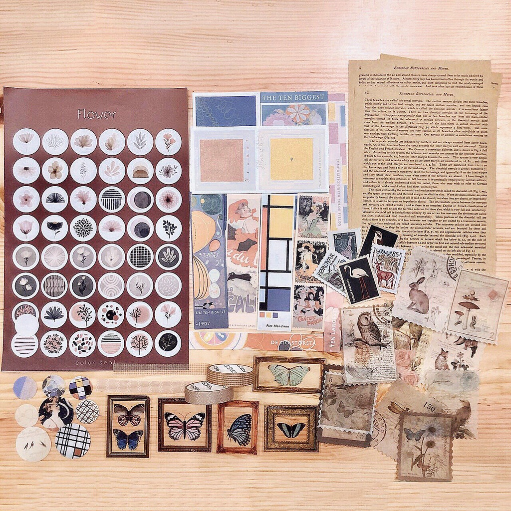 Set phụ kiện trang trí sổ bullet journal Retro gồm túi quà tặng kraft vintage, sticker, washi tape