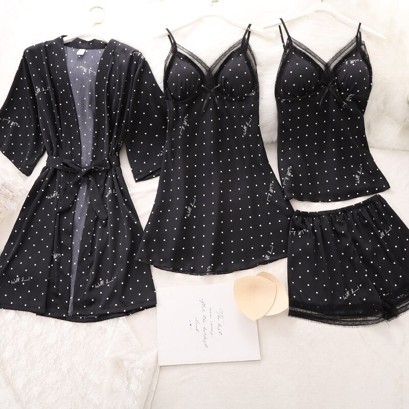 Bộ Đồ Ngủ 4 Món Với Họa Tiết Chấm Bi Xinh Xắn Dành Cho Nữ