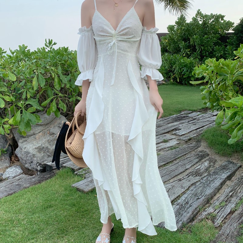 Đầm trắng xoè đi biển trễ vai hai dây công chúa T69 ( chưa mút ngực) | BigBuy360 - bigbuy360.vn