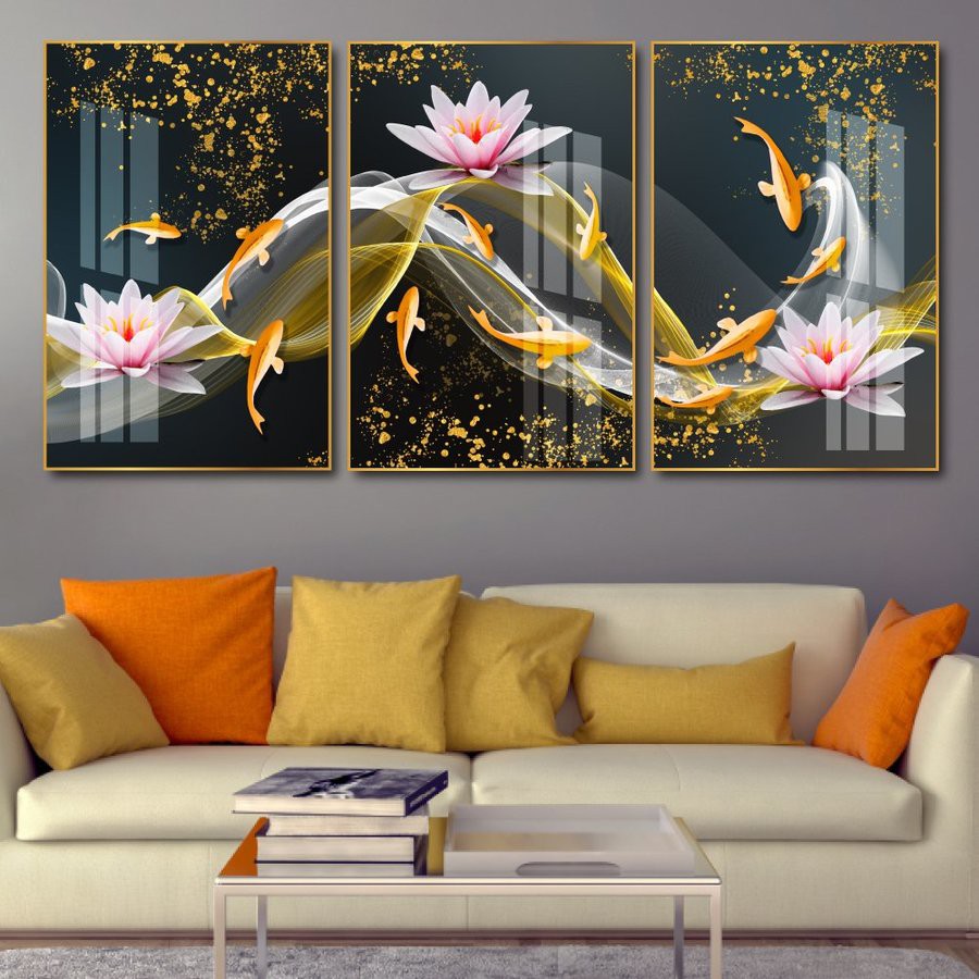 Tranh treo tường tráng gương cá chép vàng &amp; hoa sen hồng 3d decor trang trí cầu thang, phòng ngủ và phòng khách bộ 3 bức
